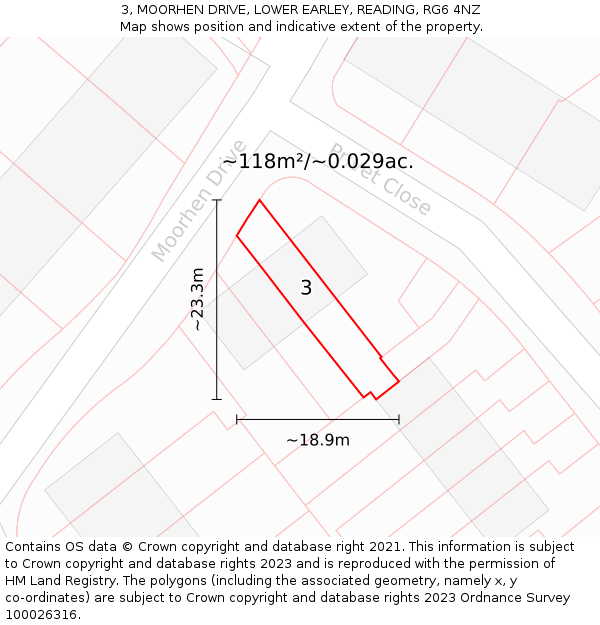 3, MOORHEN DRIVE, LOWER EARLEY, READING, RG6 4NZ: Plot and title map