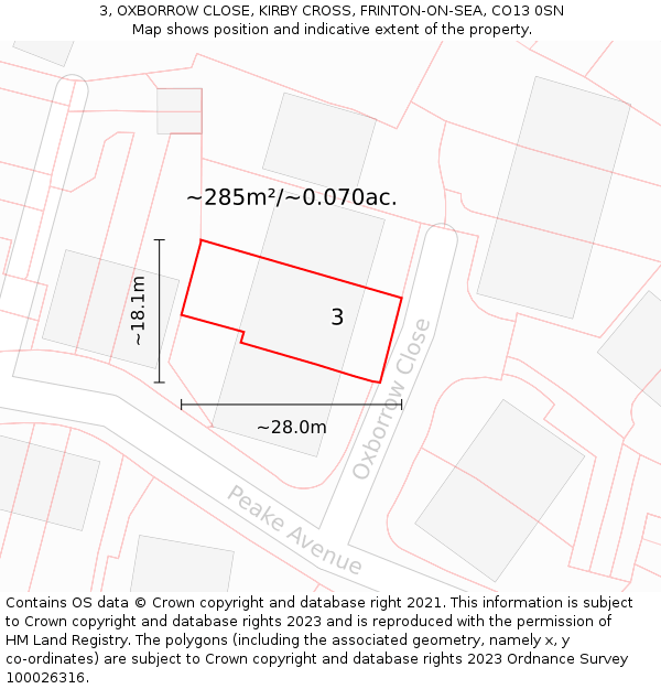 3, OXBORROW CLOSE, KIRBY CROSS, FRINTON-ON-SEA, CO13 0SN: Plot and title map