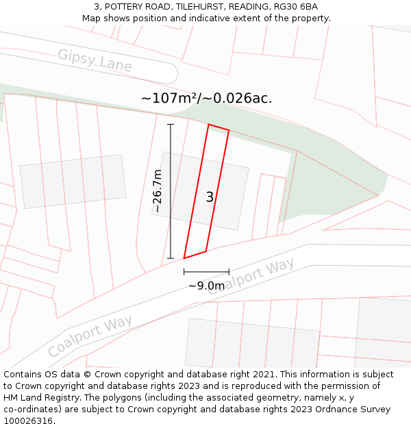 3, POTTERY ROAD, TILEHURST, READING, RG30 6BA: Plot and title map