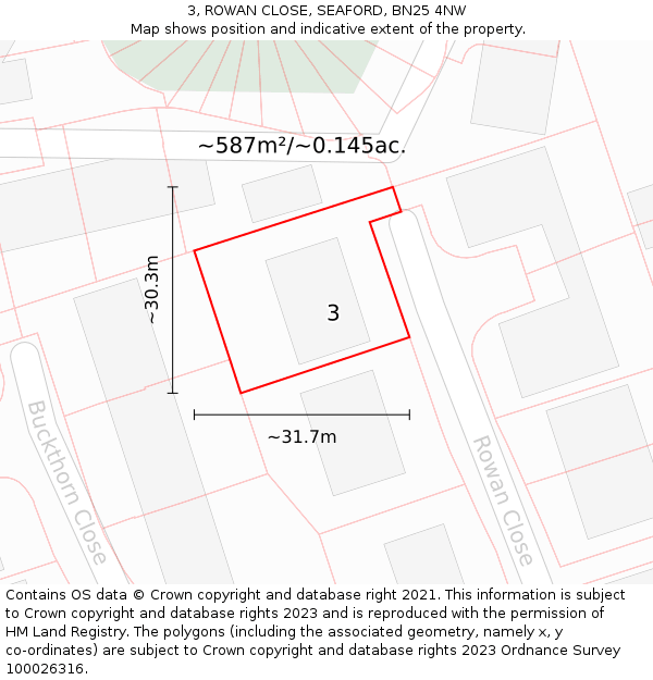 3, ROWAN CLOSE, SEAFORD, BN25 4NW: Plot and title map