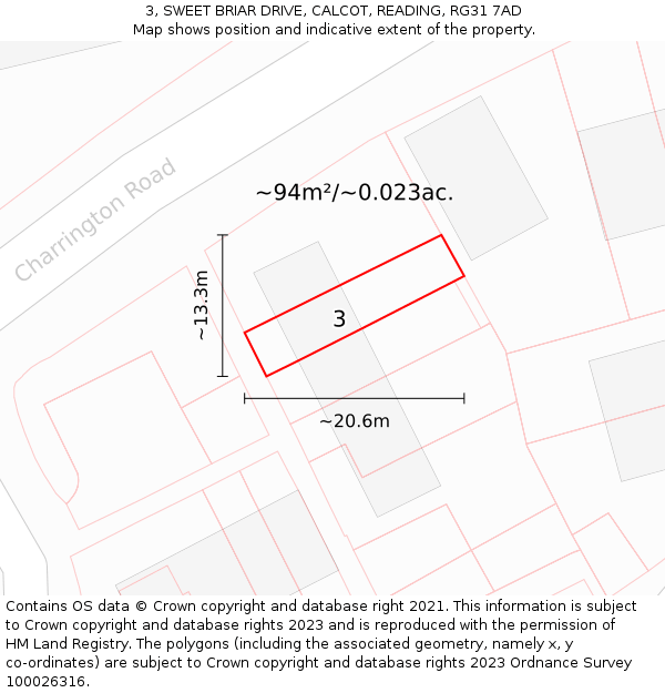 3, SWEET BRIAR DRIVE, CALCOT, READING, RG31 7AD: Plot and title map