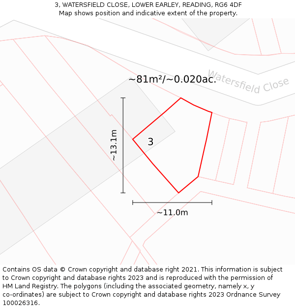 3, WATERSFIELD CLOSE, LOWER EARLEY, READING, RG6 4DF: Plot and title map