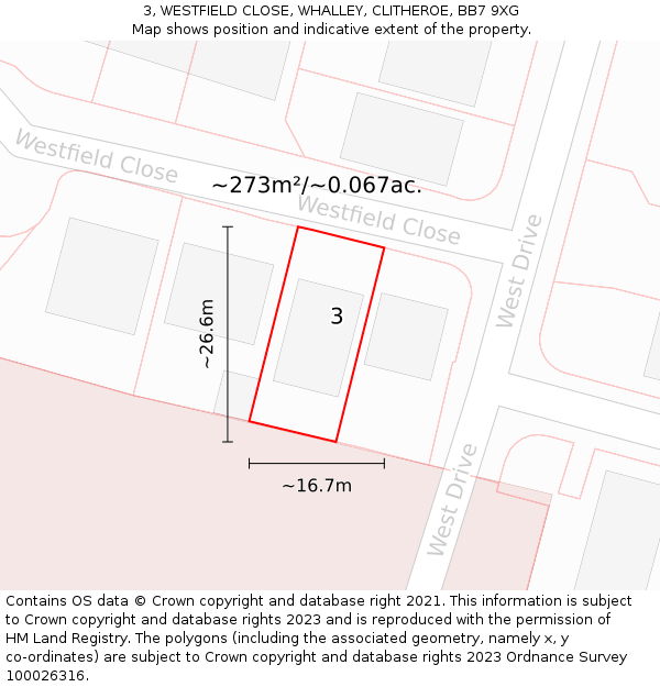 3, WESTFIELD CLOSE, WHALLEY, CLITHEROE, BB7 9XG: Plot and title map