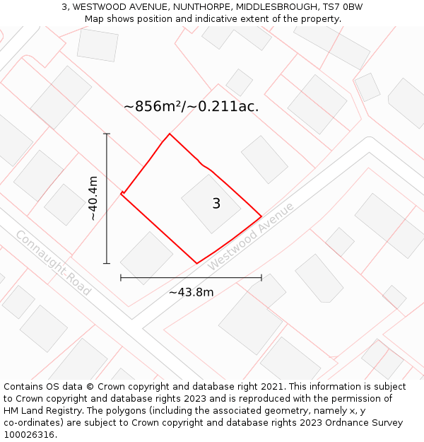 3, WESTWOOD AVENUE, NUNTHORPE, MIDDLESBROUGH, TS7 0BW: Plot and title map