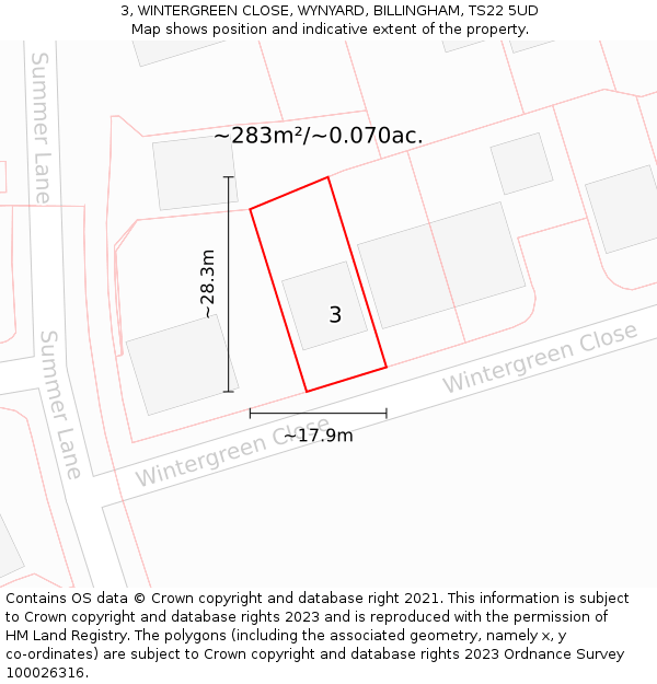 3, WINTERGREEN CLOSE, WYNYARD, BILLINGHAM, TS22 5UD: Plot and title map