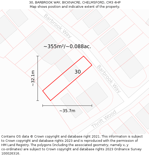 30, BARBROOK WAY, BICKNACRE, CHELMSFORD, CM3 4HP: Plot and title map