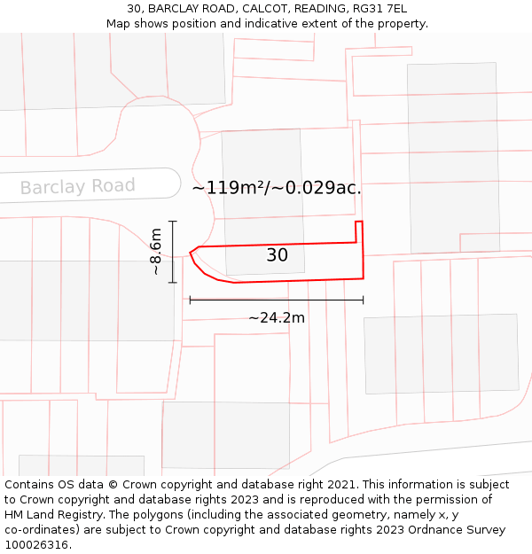 30, BARCLAY ROAD, CALCOT, READING, RG31 7EL: Plot and title map