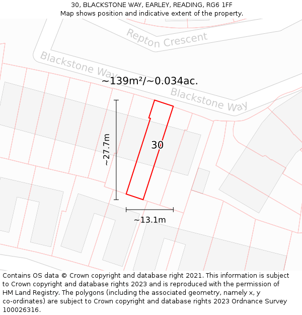 30, BLACKSTONE WAY, EARLEY, READING, RG6 1FF: Plot and title map