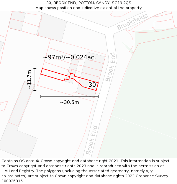 30, BROOK END, POTTON, SANDY, SG19 2QS: Plot and title map