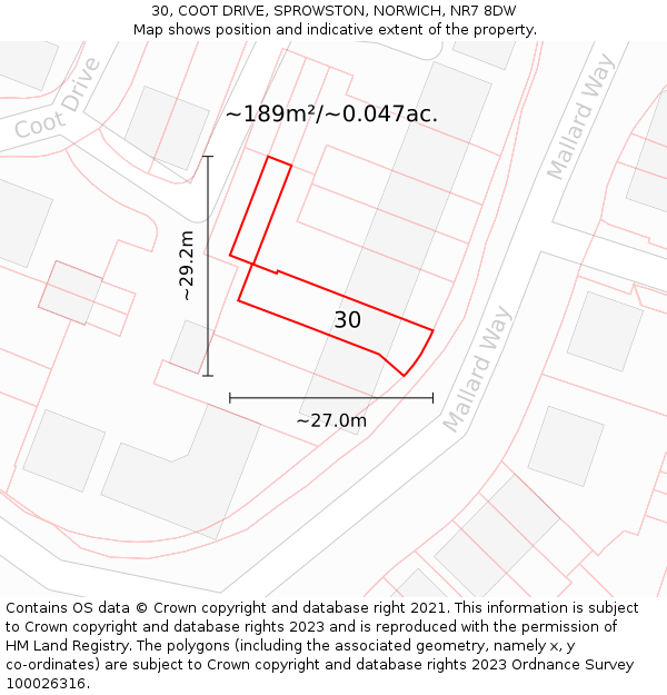 30, COOT DRIVE, SPROWSTON, NORWICH, NR7 8DW: Plot and title map