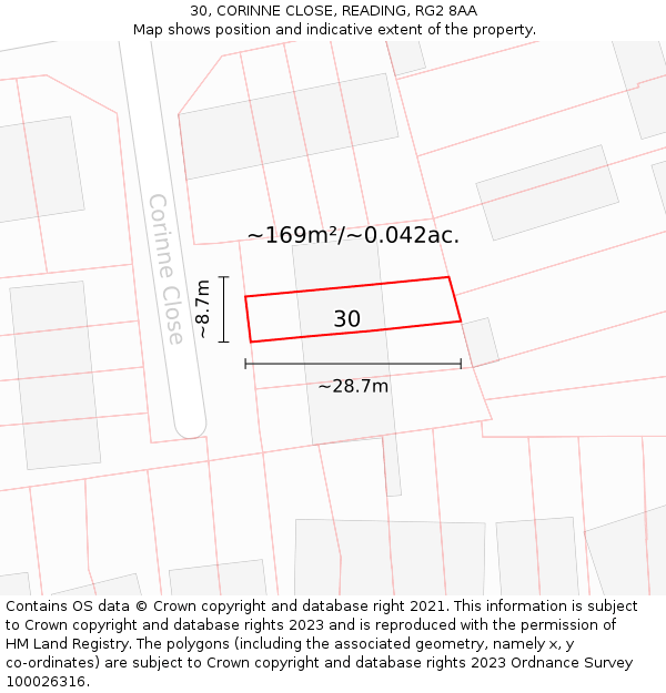 30, CORINNE CLOSE, READING, RG2 8AA: Plot and title map