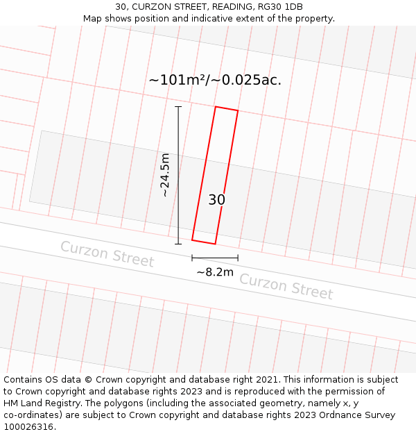 30, CURZON STREET, READING, RG30 1DB: Plot and title map