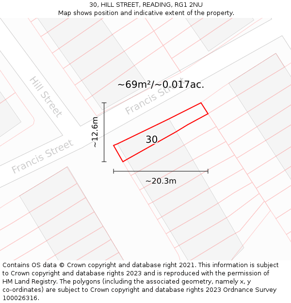 30, HILL STREET, READING, RG1 2NU: Plot and title map