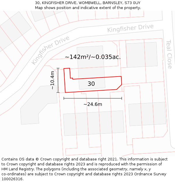 30, KINGFISHER DRIVE, WOMBWELL, BARNSLEY, S73 0UY: Plot and title map