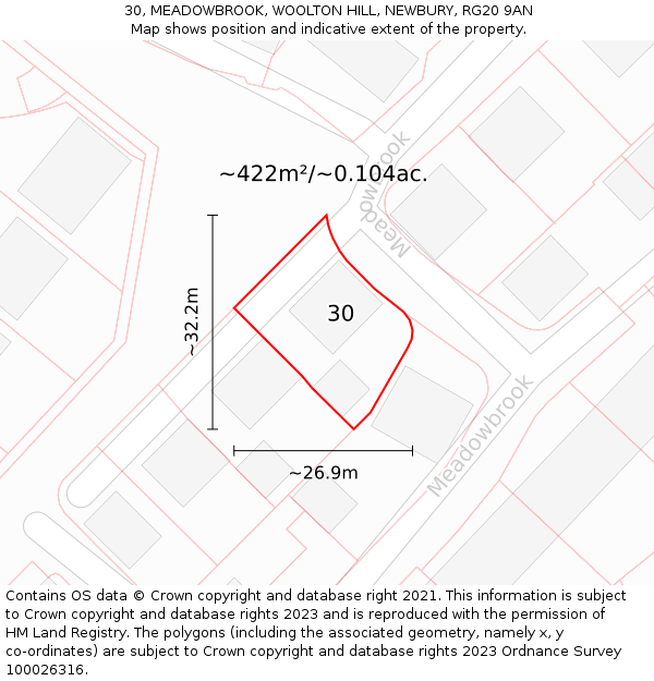 30, MEADOWBROOK, WOOLTON HILL, NEWBURY, RG20 9AN: Plot and title map