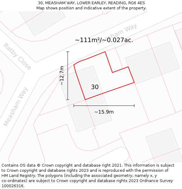 30, MEASHAM WAY, LOWER EARLEY, READING, RG6 4ES: Plot and title map