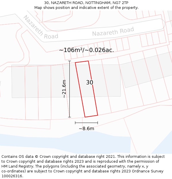30, NAZARETH ROAD, NOTTINGHAM, NG7 2TP: Plot and title map
