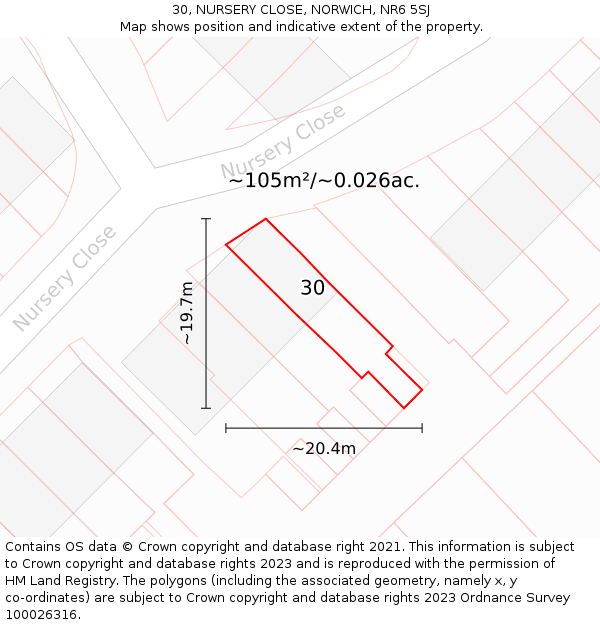 30, NURSERY CLOSE, NORWICH, NR6 5SJ: Plot and title map