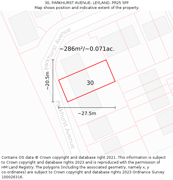 30, PARKHURST AVENUE, LEYLAND, PR25 5PF: Plot and title map