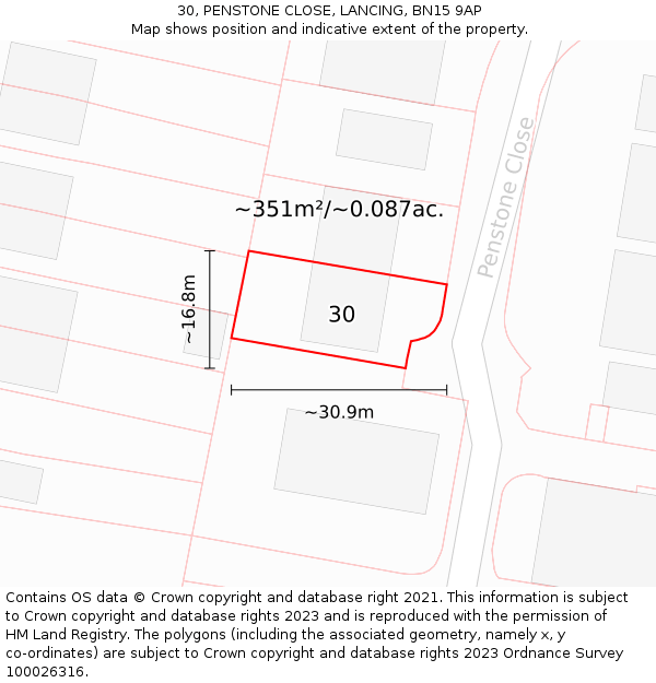 30, PENSTONE CLOSE, LANCING, BN15 9AP: Plot and title map