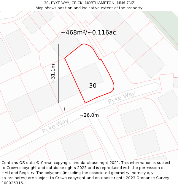 30, PYKE WAY, CRICK, NORTHAMPTON, NN6 7NZ: Plot and title map