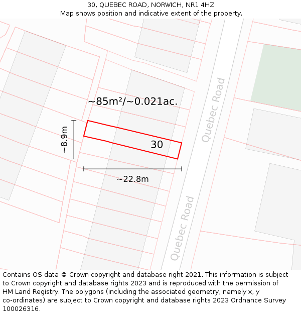 30, QUEBEC ROAD, NORWICH, NR1 4HZ: Plot and title map