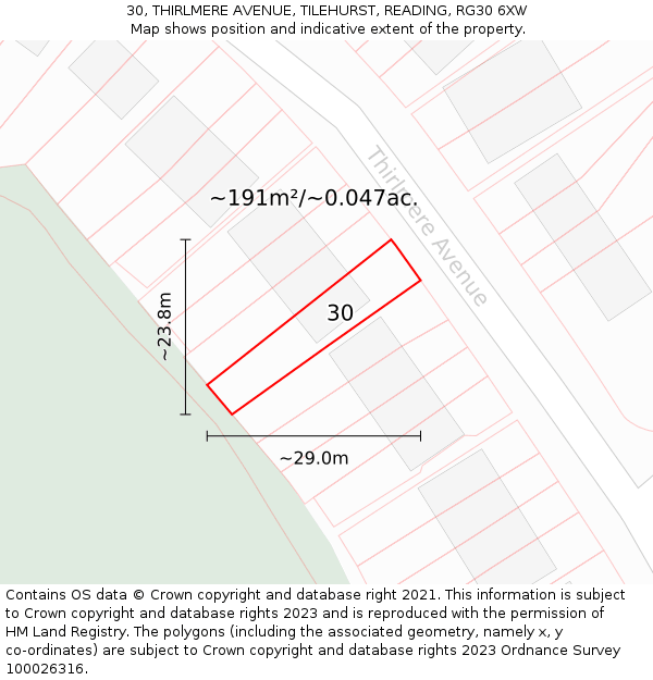 30, THIRLMERE AVENUE, TILEHURST, READING, RG30 6XW: Plot and title map