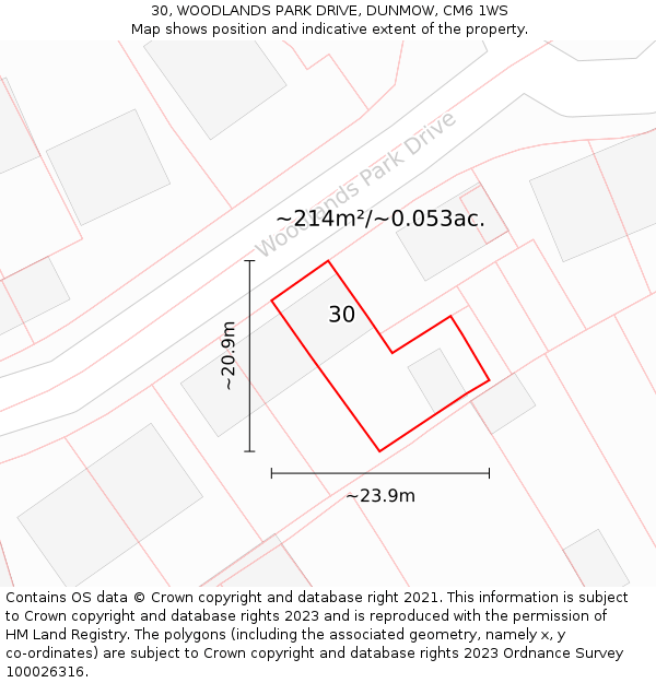 30, WOODLANDS PARK DRIVE, DUNMOW, CM6 1WS: Plot and title map