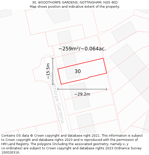 30, WOODTHORPE GARDENS, NOTTINGHAM, NG5 4ED: Plot and title map