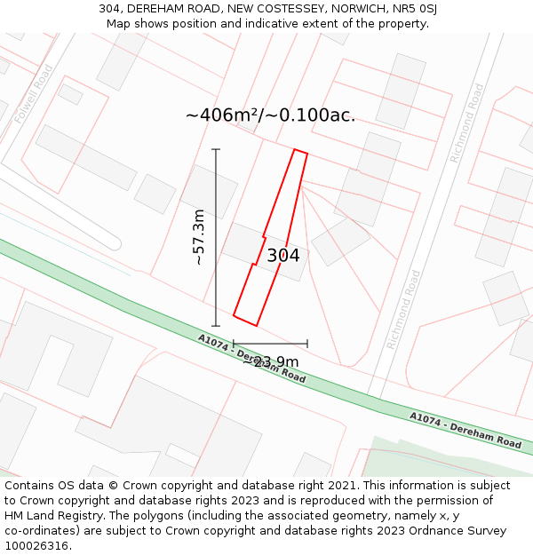 304, DEREHAM ROAD, NEW COSTESSEY, NORWICH, NR5 0SJ: Plot and title map