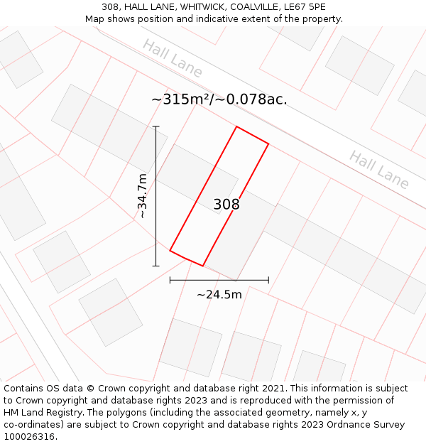 308, HALL LANE, WHITWICK, COALVILLE, LE67 5PE: Plot and title map