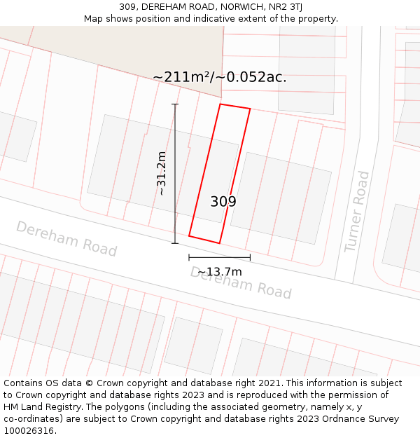 309, DEREHAM ROAD, NORWICH, NR2 3TJ: Plot and title map