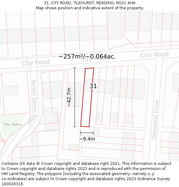 31, CITY ROAD, TILEHURST, READING, RG31 4HA: Plot and title map