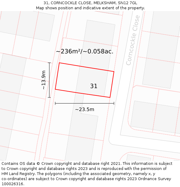 31, CORNCOCKLE CLOSE, MELKSHAM, SN12 7GL: Plot and title map