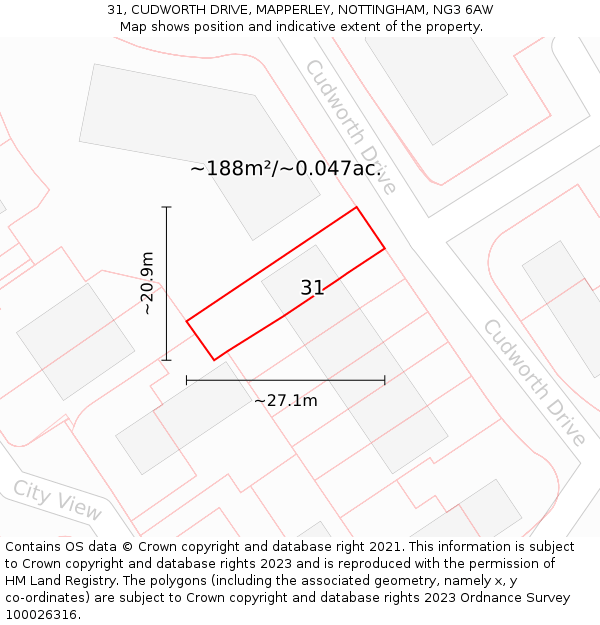 31, CUDWORTH DRIVE, MAPPERLEY, NOTTINGHAM, NG3 6AW: Plot and title map