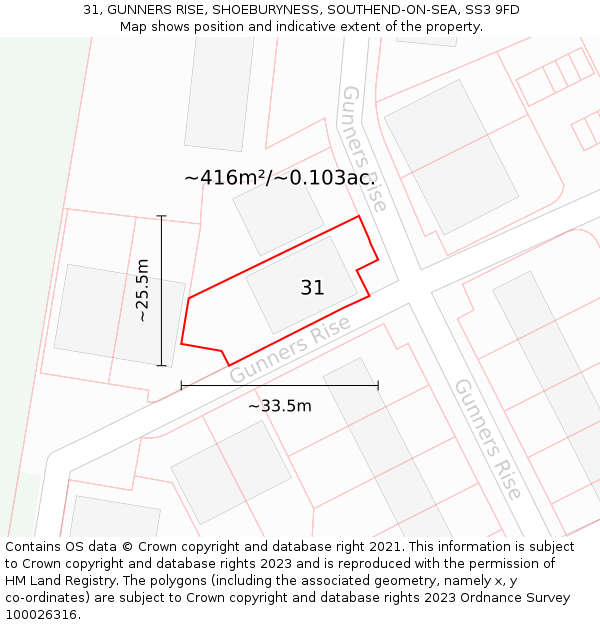 31, GUNNERS RISE, SHOEBURYNESS, SOUTHEND-ON-SEA, SS3 9FD: Plot and title map