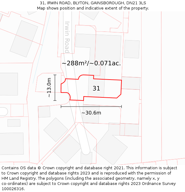 31, IRWIN ROAD, BLYTON, GAINSBOROUGH, DN21 3LS: Plot and title map