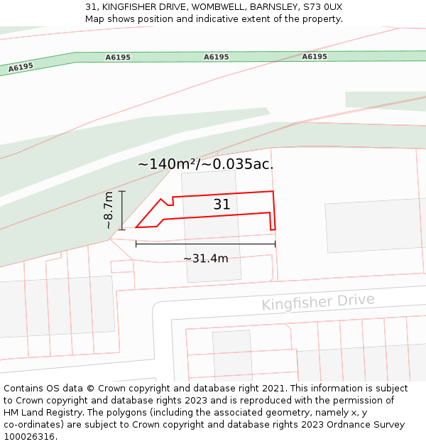 31, KINGFISHER DRIVE, WOMBWELL, BARNSLEY, S73 0UX: Plot and title map