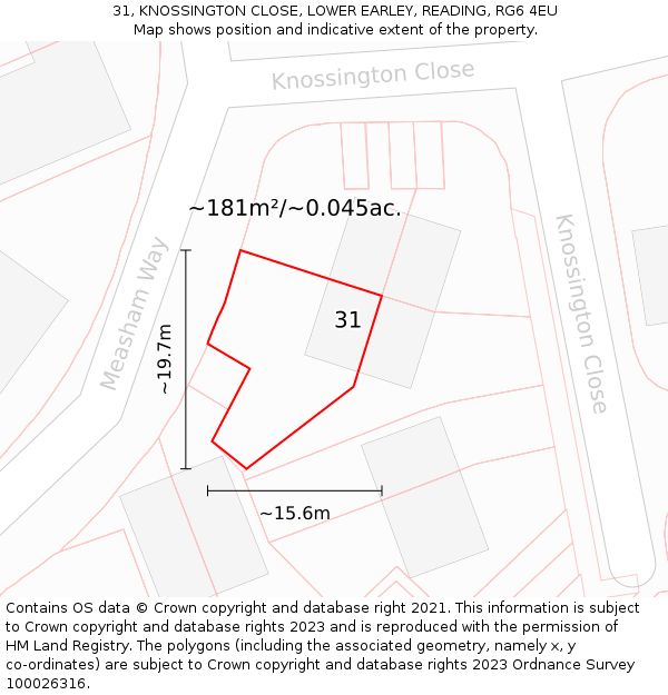31, KNOSSINGTON CLOSE, LOWER EARLEY, READING, RG6 4EU: Plot and title map