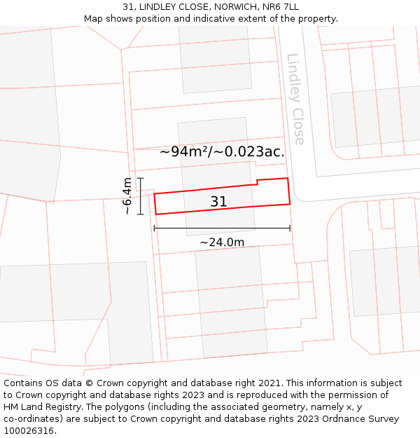 31, LINDLEY CLOSE, NORWICH, NR6 7LL: Plot and title map