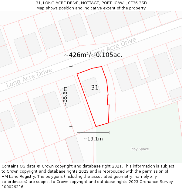 31, LONG ACRE DRIVE, NOTTAGE, PORTHCAWL, CF36 3SB: Plot and title map