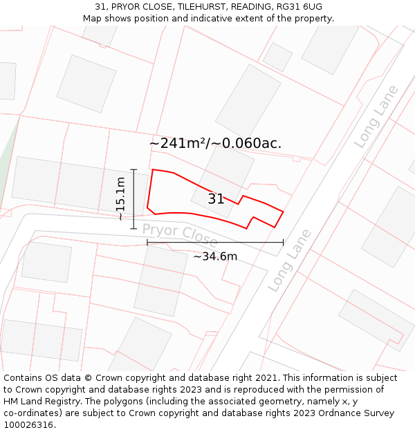 31, PRYOR CLOSE, TILEHURST, READING, RG31 6UG: Plot and title map