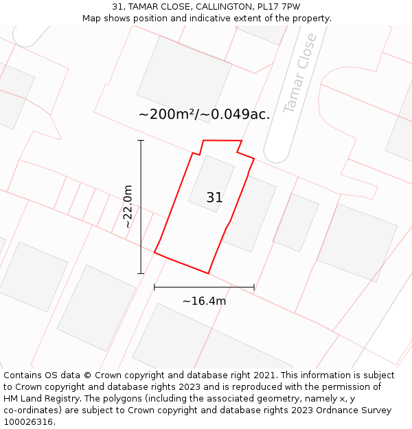 31, TAMAR CLOSE, CALLINGTON, PL17 7PW: Plot and title map