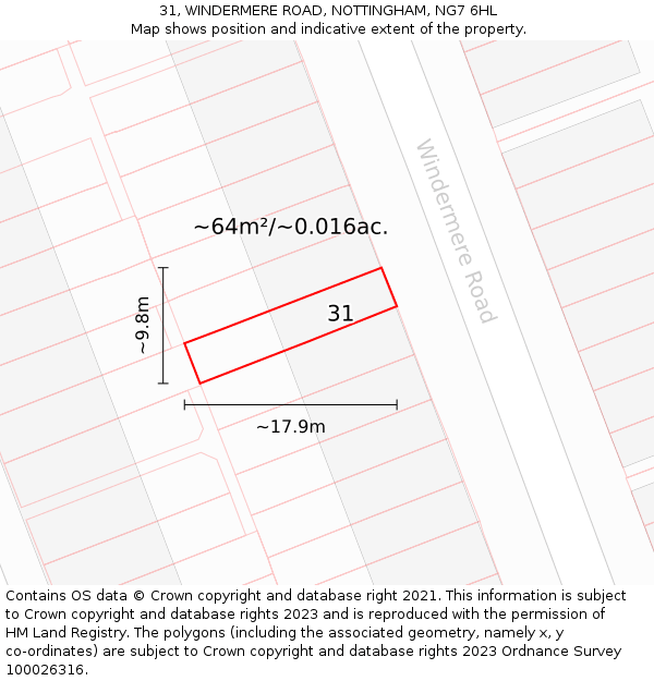31, WINDERMERE ROAD, NOTTINGHAM, NG7 6HL: Plot and title map