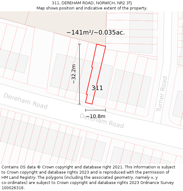 311, DEREHAM ROAD, NORWICH, NR2 3TJ: Plot and title map