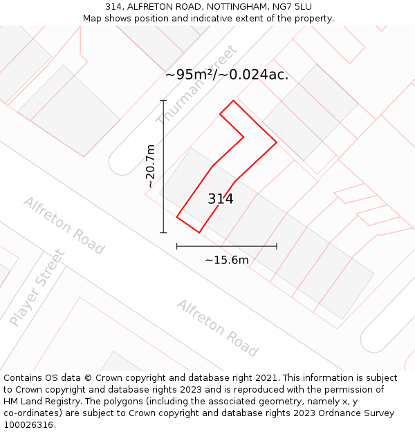 314, ALFRETON ROAD, NOTTINGHAM, NG7 5LU: Plot and title map