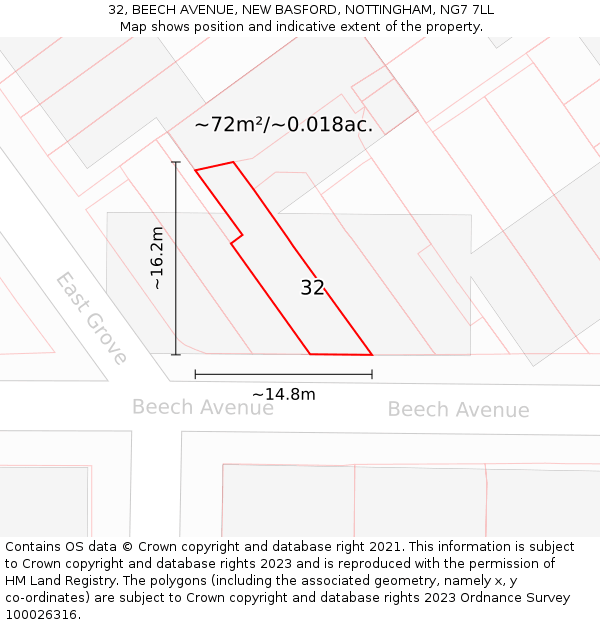 32, BEECH AVENUE, NEW BASFORD, NOTTINGHAM, NG7 7LL: Plot and title map