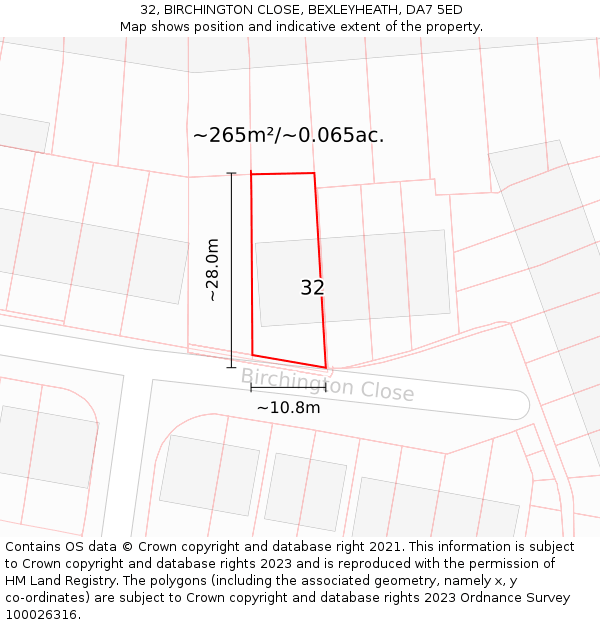 32, BIRCHINGTON CLOSE, BEXLEYHEATH, DA7 5ED: Plot and title map