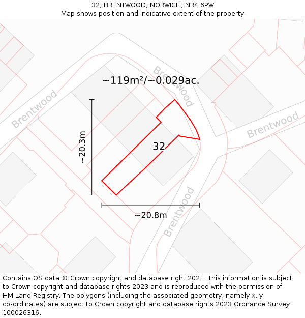 32, BRENTWOOD, NORWICH, NR4 6PW: Plot and title map