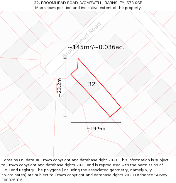 32, BROOMHEAD ROAD, WOMBWELL, BARNSLEY, S73 0SB: Plot and title map